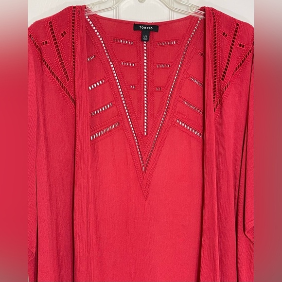 Torrid Kimono Red Crinkled Gauze Crochet Inset Women’s Plus Size Size 1/2 - Picture 5 of 10